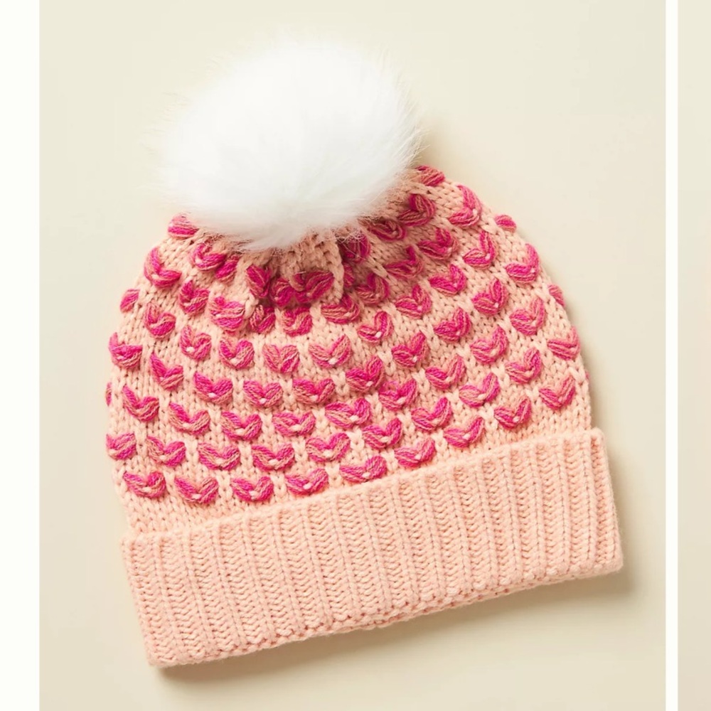 Anthropologie Maeve Hearts Pommed Beanie Knit Hat Winter Pink Rose